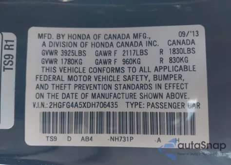 2013 Honda Civic Si z USA, uszkodzony, nr VIN 2HGFG4A5XDH706435